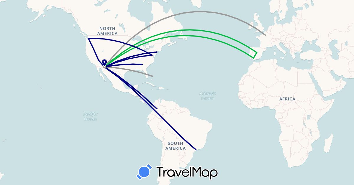 TravelMap itinerary: driving, bus, plane in Brazil, Bahamas, Colombia, Spain, France, United States (Europe, North America, South America)